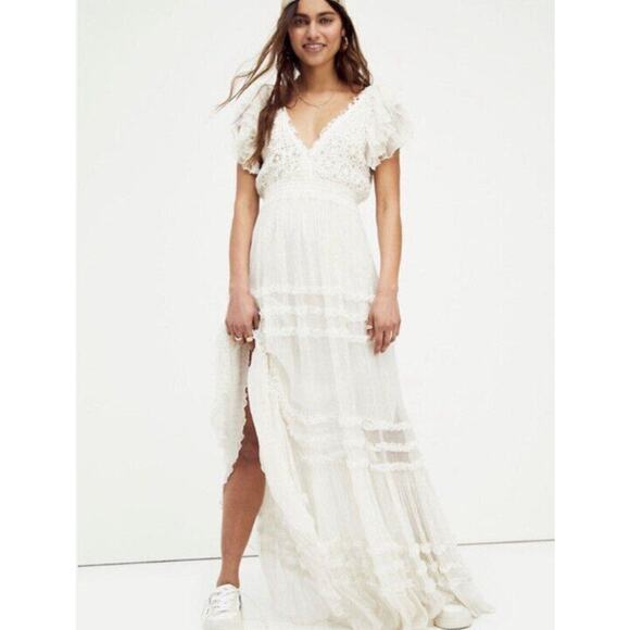 FREE PEOPLE x BHLDN Sz S Small Ivory Sage Metallic Gold Maxi Dress - Picture 1 of 15